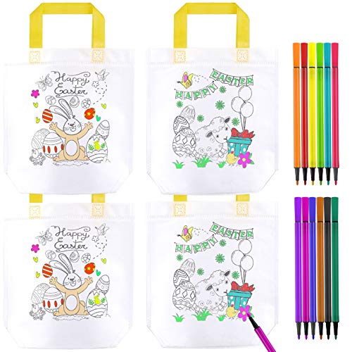 HOWAF Pâques Sacs à Main à Colorier & Couleurs Stylo,DIY Sac de Peinture des Enfants Doodle Sac Graffiti de Pâques Oeuf de Lapin, pour Enfant Cadeaux de fête d'anniversaire, des écoles, etc