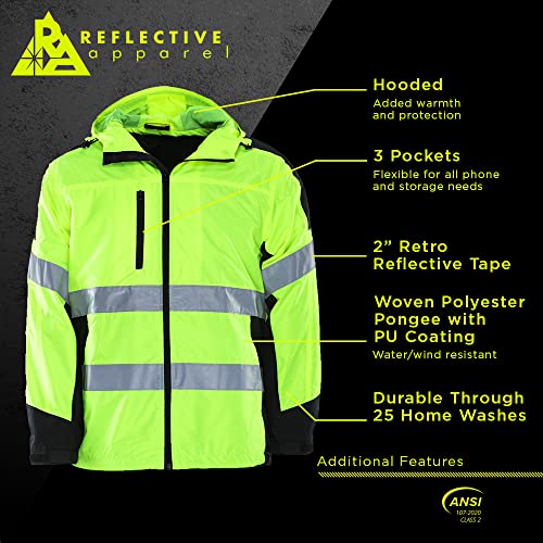 Reflective Apparel High Visibility Hooded Windbreaker Safety Jacket - Ansi Class 2 Compliant, Water-Resistant Shell - Lime, 2Xl #TOP1