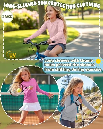 Image of 3 Pack Girls Rash Guard Swim Shirts 5-14Y UV Sun Protection Long Sleeve Thumb Hole Quick Dry T-Shirts UPF 50+ Tees