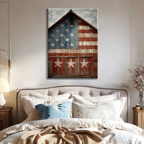 Image of RIBNTAK Rustic American Flag Barn Canvas Wall Art, Vintage Patriotic Farmhouse Artwork Pictures, Americana Country Wall Decor for Living Room Bedroom Entryway Office