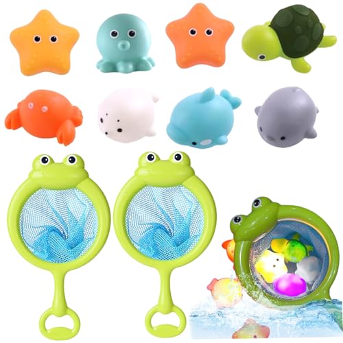 8 Piezas de Juguetes para el baño iluminosos con 2 Redes, Coloridos Juguetes de baño de bebé de Goma Flotante, Lindos Impermeables en Forma de Animal para la bañera de la Ducha de de la bañera d