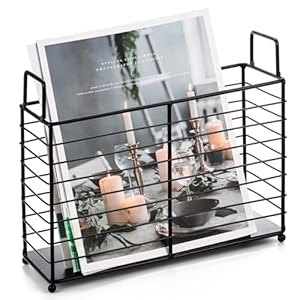 Metal Magazine Rack, Newspaper Book Tablet Storage Basket, File Holder Mail Organizer Bin with Handles, Iron Wire Black Folder Stand Holder for Home Office Bathroom Bedroom Den Living Room