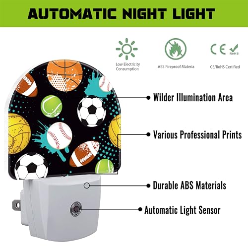 Image of Cartoon Sports Balls Night Light for Kids,Various Balls Plug in Night Light with Dusk to Dawn Sensor, 0.5w Energy Saving Nightlight for Hallway Stairway Kitchen Bedroom