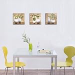 TEKMENT Wall Art 3 Pieces Set Canvas for Bathroom Hallway, Elegant Painting Print of Green Spring Plant in Vases on Beige Tan Picture, Retro Floral Artwork, Gallery Wrapped Gift Inner Frame, 12x12x3