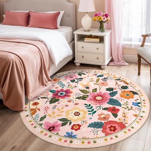Floral 4ft Area Rug Machine Washable Soft Print Boho Carpet Non Slip Doormat Low Pile Flower Area Rugs for Living Room Bedroom Nursery Kitchen Dining Room Indoor-Pink