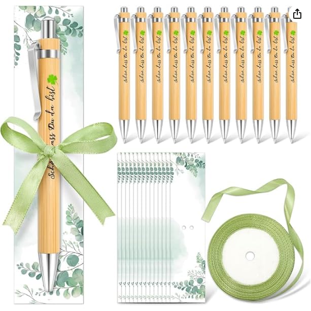 Nivofu 30 Boligrafos Personalizados de Bambu Tinta Negra 1.0mm con Marcapaginas Estilo Chino y Cinta Verde Detalles Compañeros de Trabajo Regalo Profesora Infantil Bolis Personalizados para Regalo