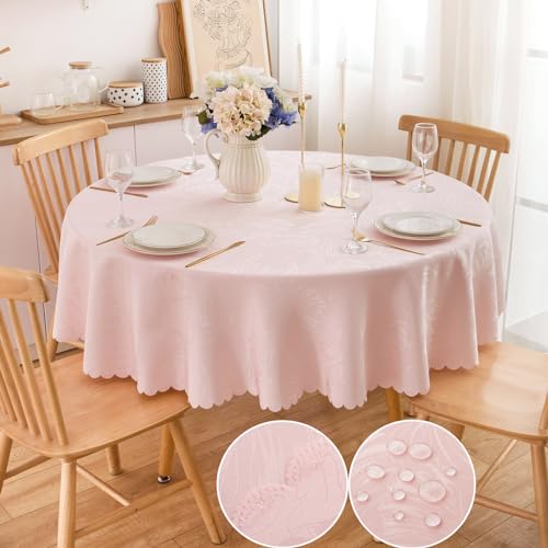 EFFICINATURE Round Tablecloth Valentines Day Pink Jacquard Table Cloths Waterproof Washable Wrinkle Free Leaves Soft Fabric 50 Inch Table Cover for Kitchen Dining Birthday Party Banquet Decoration by EFFICINATURE - Used condition - US$17.02