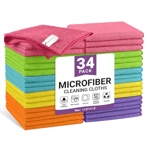 Image of 34 Pack Microfiber Cleaning Cloth, 6 Assorted Colors Cleaning Rags for Housekeeping, Colorful Reusable Microfiber Towels for Car, Kitchen, Bathroom and Household Cleaning Supplies, 11.8 inchX11.8 inch