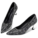 QXQDQY Women’s Kitten High Heels 2 Inch Sequined Pointed Toe Pumps Comfortable Wedding Party Pump Shoes Black Size 9