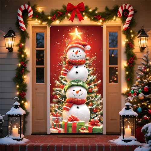 Christmas Door Cover Banner, 6 x 3 ft Christmas Decorations Flag Photography Background for for Winter Party Decorations Supplies (Snowman-1, 70.8 x 35.4 Inch)