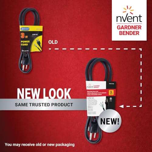 Image of nVent Gardner Bender PS313163 3-Wire Appliance and Power Tool Cord, 3 ft, 16 AWG, 13A /125V AC, 1625W, Heavy Duty Replacement Power Cable, Grounded NEMA 5-15 (Formerly: Bergen Industries)
