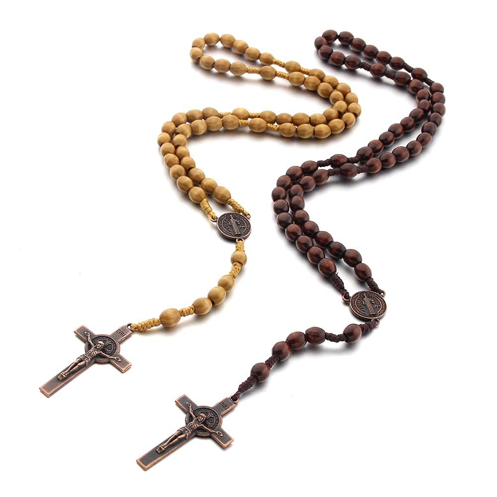 Rosari in Legno Fatti a Mano 2 Pezzi Collana Crocifisso Gioielli Religiosi Metallo Perla