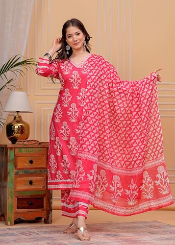 Image of MEERA FAB Women's Cotton Blend Straight Printed Kurta with Palazzo & Dupatta