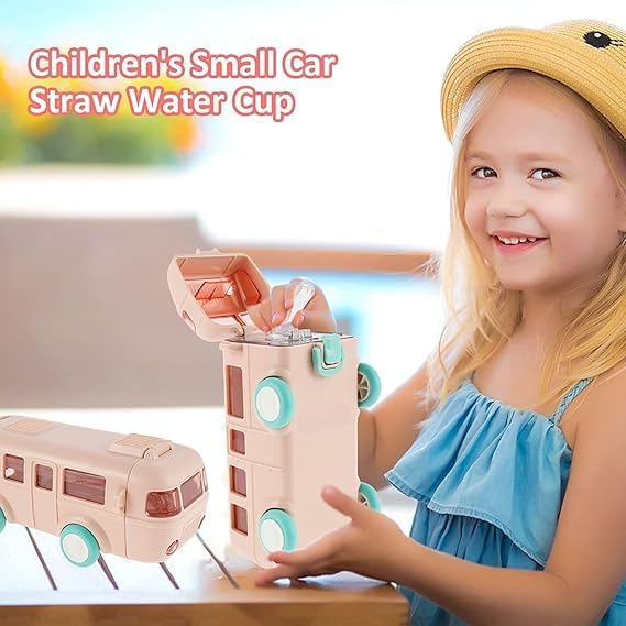 Image of Zollyss Kids Water Bottle with Straw, Cartoon Bus Design, 500ml Capacity, One-Button Press Lock (Pink)