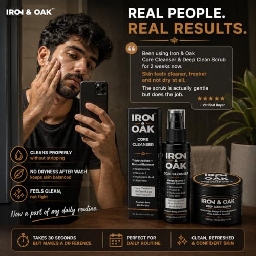 Image of Iron & Oak Men's Face Wash & Face Scrub Combo | Deep Cleansing Cleanser + Exfoliating Scrub for Men | Removes Dirt, Oil & Dead Skin | Tan Removal | Daily Use Value Pack | Pack of 2
