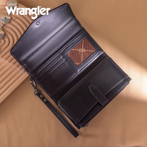 Image of Montana West X Wrangler Black Wallet for Women Large Wristlet Wallet with Rfid Lining Trifold Cash Wallet with Coin Purse and Detachable Wrist Strap