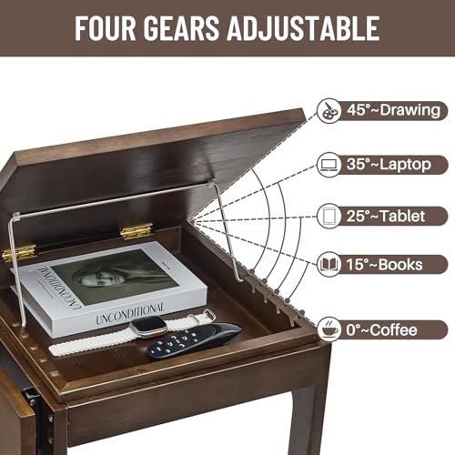 Image of Uniclinens C Shaped End Table for Couch, Rolling Side Table with Wheels Adjustable, Solid Wood TV Sofa Arm Eating Tray Table for Multi-Purpose, Small Coffee Table Living Room Bedroom, Walnut