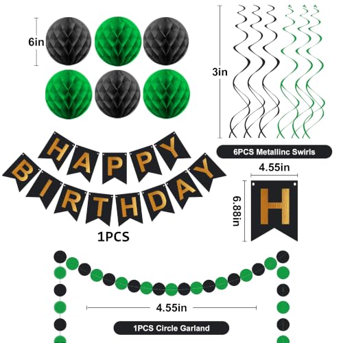 Image of Black Green Birthday Decorations, Happy Birthday Banner with Honeycomb Balls, Circle Dot Garland and Hanging Swirl Decorations for Women Men Boys Girls (Green Black)
