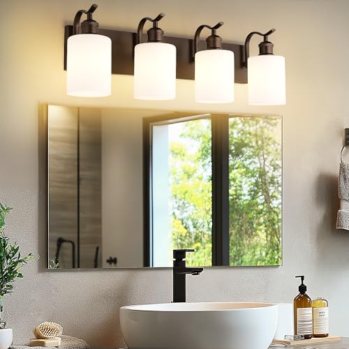 Image of 4 Light Bathroom Vanity Light, Morden Bathroom Lighting Fixtures Over Mirror Oil Rubbed Bronze Modern Wall Sconce with Milky White Frosted Shade ZCVL01ORBW-4