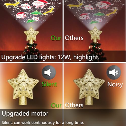 Lanzeyo Topo de árvore de Natal iluminado com 4 padrões projetados, projetor de estrela de topo de á