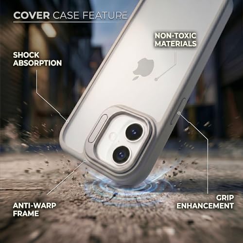 Image of amazon basics Frosted Matte Case for iPhone 17 | Built-in Flip-Out Camera Lens Stand | Translucent Back with Contrast Gray Bumper | Shockproof Protective Cover with Foldable Kickstand