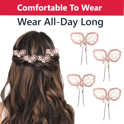 Image of TEMPERIA (4 pcs) Crystal U Pin Hair Accessories For Women & Girls - Artificial Flowers Bun Juda Bridal Pins for Hairstyle & Decoration - Pins & Clips for Style of Bride - Pink & White (MN01)