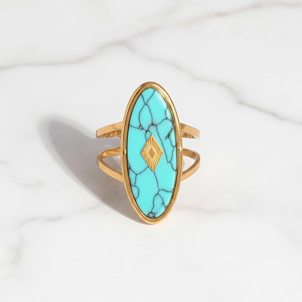 Boho Turquoise-Style Chunky Statement Open Ring, Wide Band Adjustable Gold-Plated Stainless Steel Ring, Jewelry Gift for Women