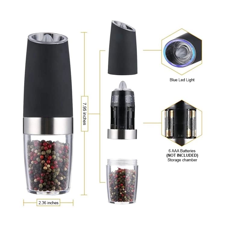 Dompilc Gravity Electric Salt & Pepper Grinder Set - Battery-Powered  6 Aaa Batteries Each Adjustable Roughness Led Light 2 Pack-506178