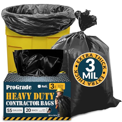Reli. Contractor Garbage Bags 55 Gallon | 20 Trash Bags | Heavy Duty | Black Contractor