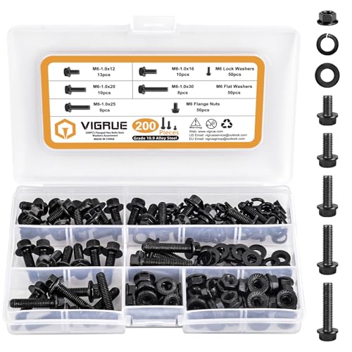 Image of VIGRUE 200Pcs M6-1.0 x 12 /16 /20 /25 /30mm Flanged Hex Head Bolts Serrated Flange Nuts Washers Assorment, Black Metric Nut and Bolt Kit, Class 10.9 Alloy Steel