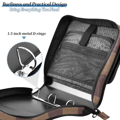 Image of 3 Ring Zipper Binder with Shoulder Strap Brown Checkerboard B 1.5 inch Binders Keeper Large Capacity Multi Pockets for School Office Supplies