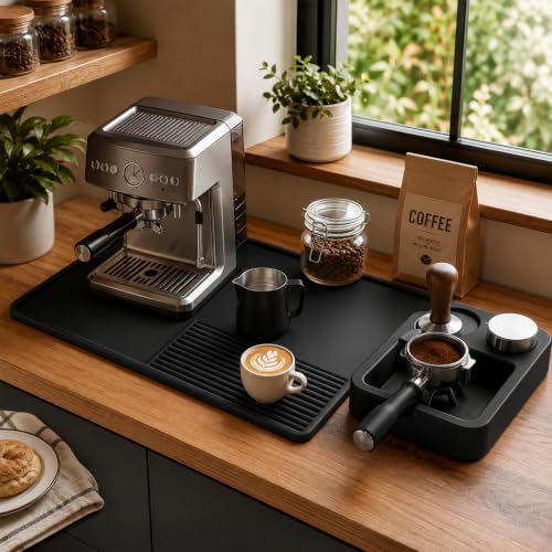 Image of Silicone Coffee Mat and Espresso Tamping Mat, Detachable Espresso Mat Accessories, Coffee Bar Mat Suitable for Use Under coffee Maker, Dish Drying Mat for Kitchen Countertop Protector, Black