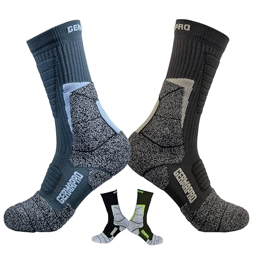 Mens Moisture Wicking Crew Compression Hiking Work Boot Socks w/Germanium Fiber Coolmax All Season 1 Blue + 1 Brown