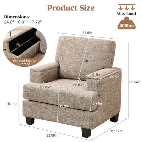 Image of Accent Chairs with Armrest Storage, Modern Reading Chairs, Upholstered Comfy Large Armchair (Yellowish Brown)