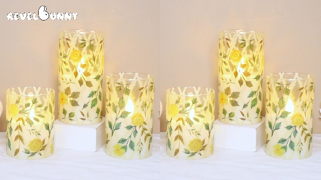 Image of Flameless LED Candles with Remote Control and Timer, Yellow Flower Green Grass Design, Glass Pillar Candles, Set of 3