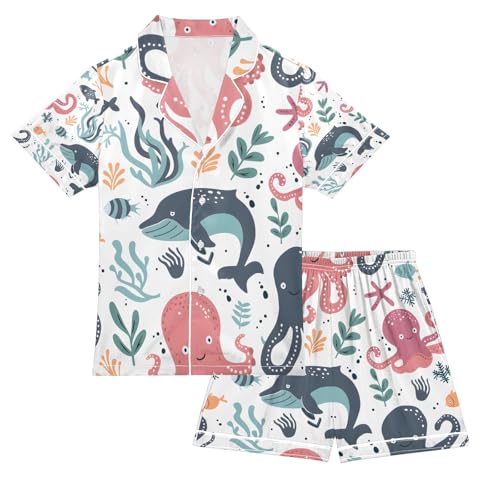 senya Sea Octopus Whale Satin Summer Pajama Sets Silk Short Sleeve Button Down Sleepwear