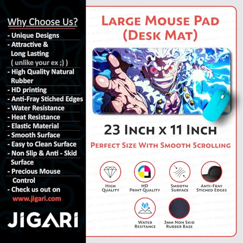 Image of Anime Theme Printed XL Extended Stich Edge Mousead | Smooth Surface Gaming Mousepad with Anti-Slip Rubber Base | 3mm Thick - 11 x 23 Inch (Lightning Luffy (P97))