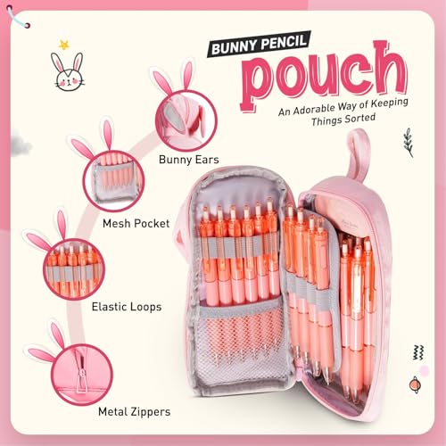 Image of DEOXY Polyester Large Capacity Pencil Pouch for Girls & Boys with 3 Zippers & 5 Compartments| Waterproof Aesthetic Cute Bunny Ears Standing Pencil Case for Kids, Multiutility Pouch (Baby Pink)
