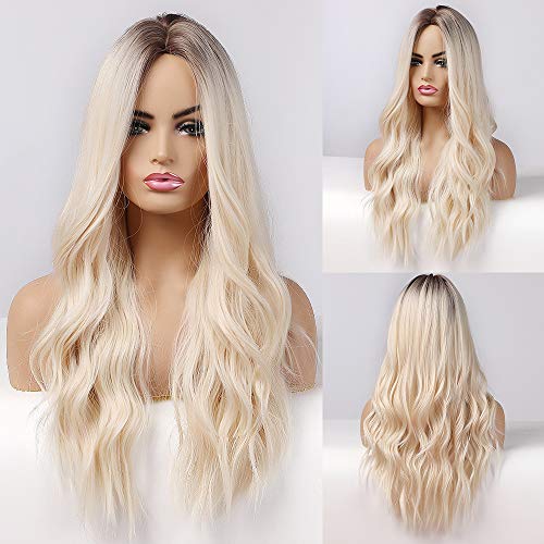 HAIRCUBE Long Blonde Wigs for Women Synthetic Curly Hair with Dark Roots Middle Parting