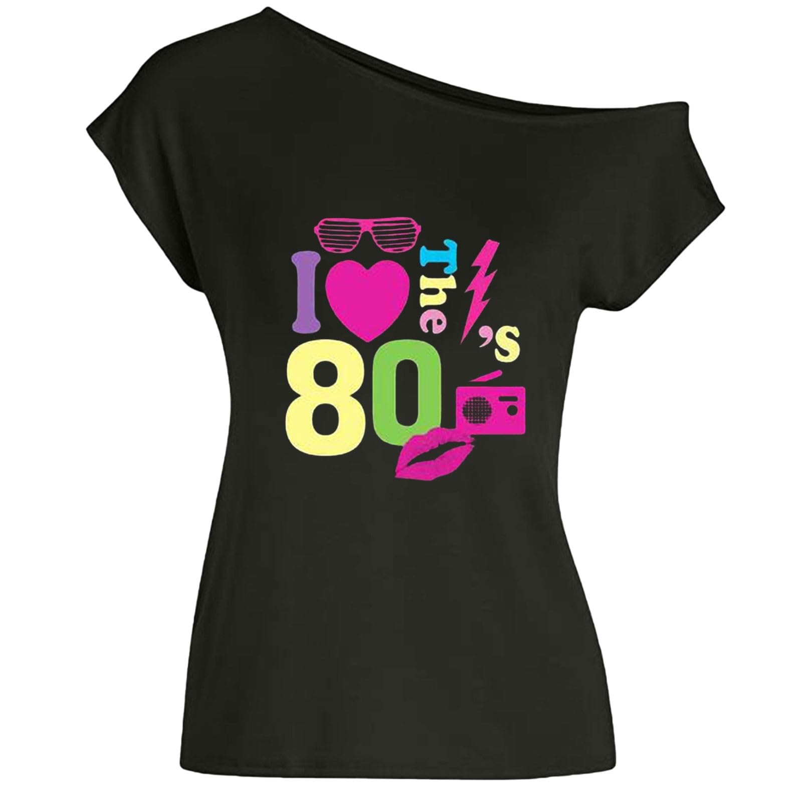 Carino Top per Donna I Love The 80s off The Shoulder T Shirt Discoteca 80s Costumi Top Magliette
