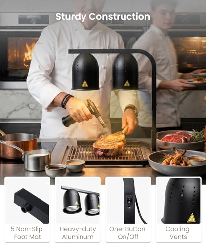 Image of SYBO DL2112 Commercial Grade Food Heat Lamp, Portable Electric Food Warmer, 2-Bulb 500W with Free-Standing, Black
