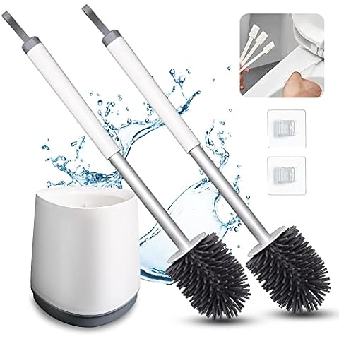 Silicone Toilet Brush and Holder 2 Pack: Soft Flexible Bristles | with Non-Slip Handle and Anti-Drip Base | for Bathroom Toilet Deep Cleaning, with 3 Detail Brushes Cover