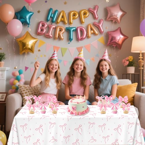 Image of QIYANPAX 4 Pack Pink Bow Tablecloth, Coquette Birthday Decorations, Bow Disposable Table Cover for Wedding Engagement Bridal Birthday Decorations, 54 x 108 Inch