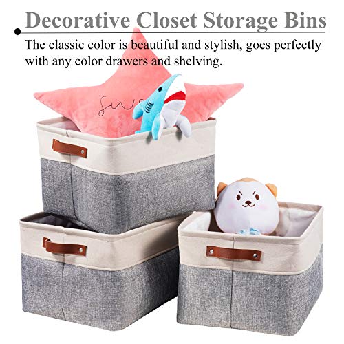 Wehuse Large Cloth Storage Baskets For Shelf, Collapsible Fabric Rectangular Closet Storage Bins With Leather Handles, Grey 15.8 L X 12 W X 10 H Inch #TOP4
