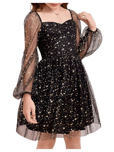 WDIRARA Girl's Polka Dots Mesh Puff Long Sleeve Ruffle Hem A Line Dress