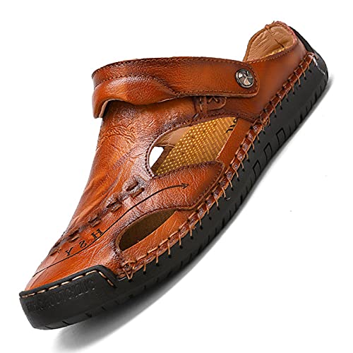 Wygwlg Summer Men's Sandals Breathable Beach Sandals, Genuine Leather Soft Breathable Shoes, Yellow brown-48