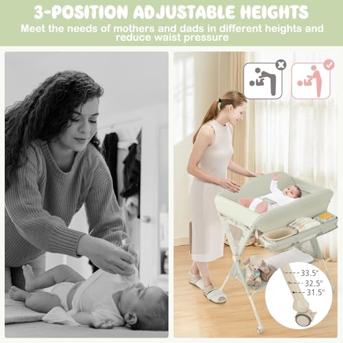 Image of HONEY JOY Changing Table, Folding Mobile Diaper Nursery Organizer w /Wheel, 3 Adjustable Heights, Storage Bag & Open Shelf, Water Basin, Portable Baby Changing Station for Newborn Infant(Green)