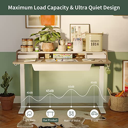 Fezibo Height Adjustable Electric Standing Desk With Three Drawers, 48 X 25 Inch Table With Storage Shelf, Sit Stand Desk With Storage Space, Splice Board With White Frame/Light Walnut Top, 48 Inch #TOP1