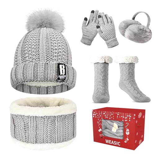WEASIC Conjunto Bufanda, Orejeras, Gorro y Guantes Tactiles para Mujer - Antideslizantes Calcetines de Invierno, Regalos Navidad - Gris