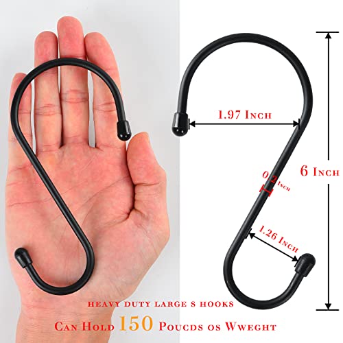 Lightique 12 Pack 6 Inch S Hooks, Large S Hooks With Rubber Stopper Heavy Duty Metal S Hook, For Indoor Or Outdoor, S Hooks For Hanging Plants, Birdhouse, Pan, Cups, Bags, Jewelry, Towels #TOP3